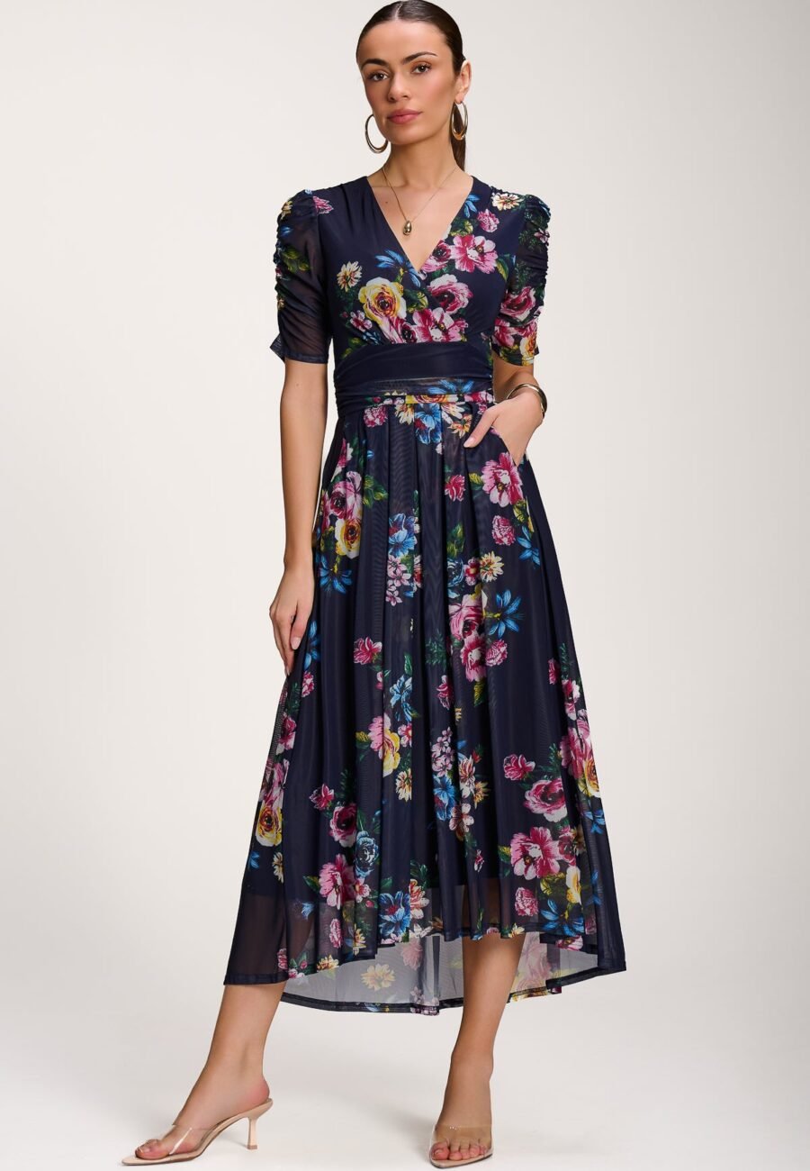 Floral Print Mesh Maxi Dress, Navy