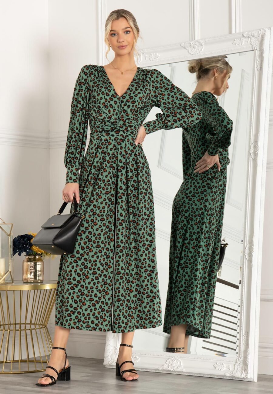 Jolie Moi Kylie Long Sleeve Jumpsuit, Green Animal