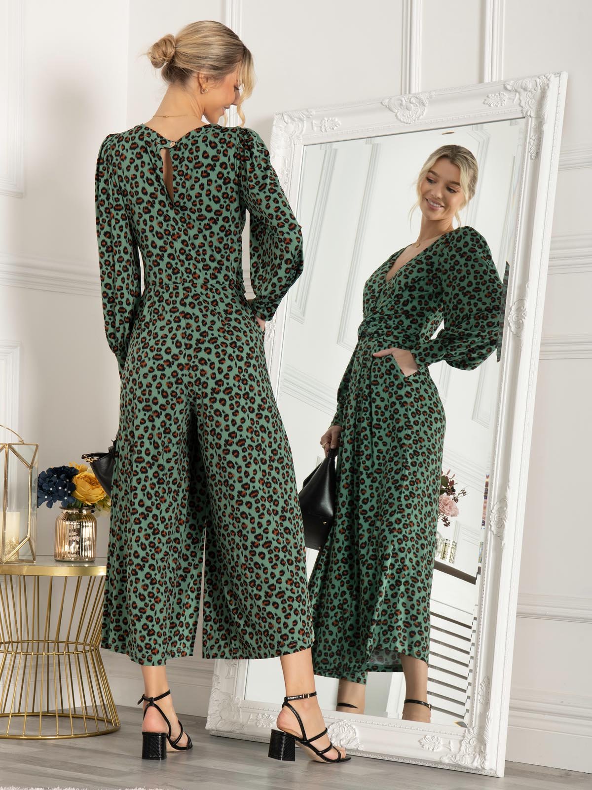 Jolie Moi Kylie Long Sleeve Jumpsuit, Green Animal - Image 2
