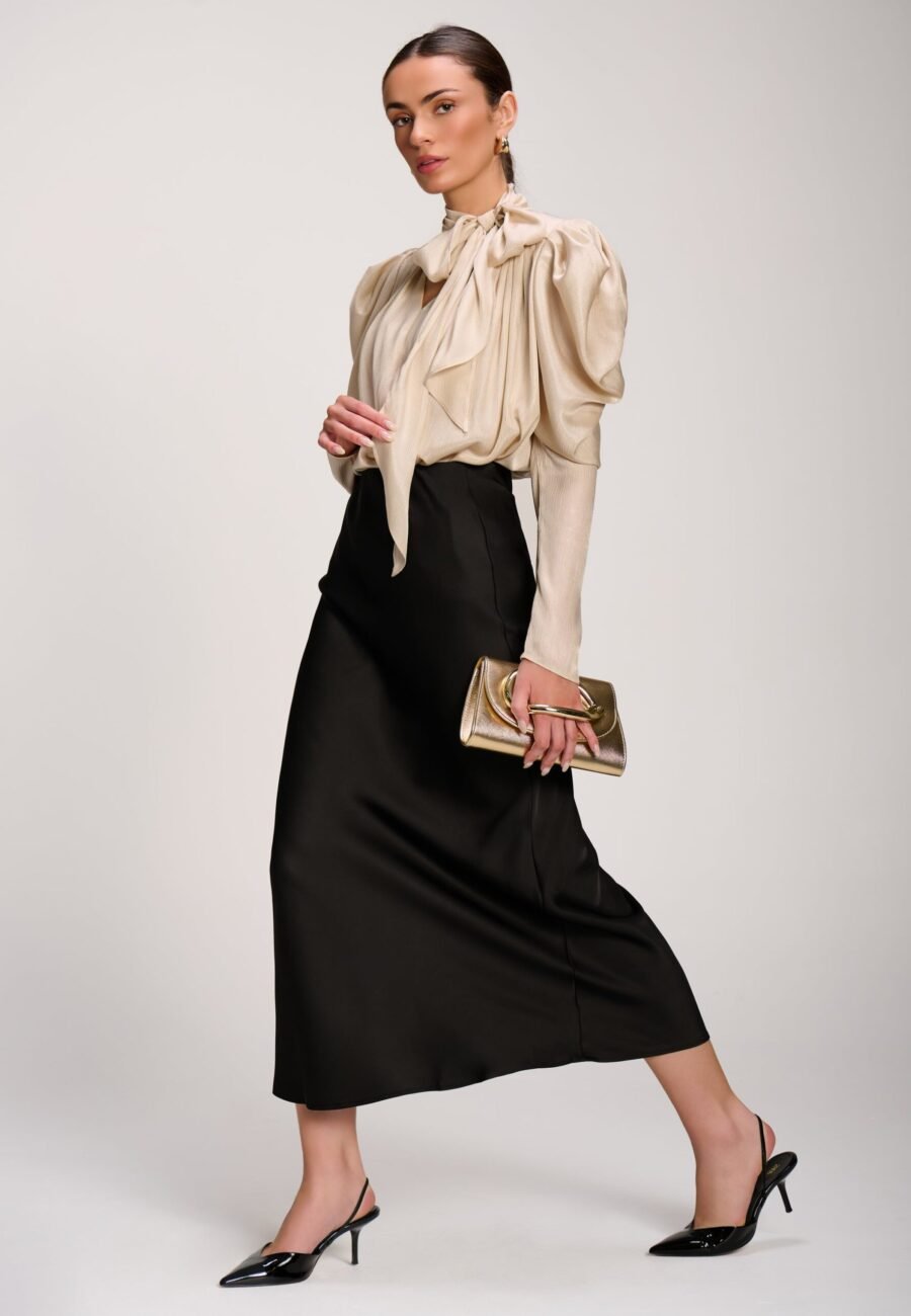 Bow Neck Puff Sleeve Satin Blouse, Champagne