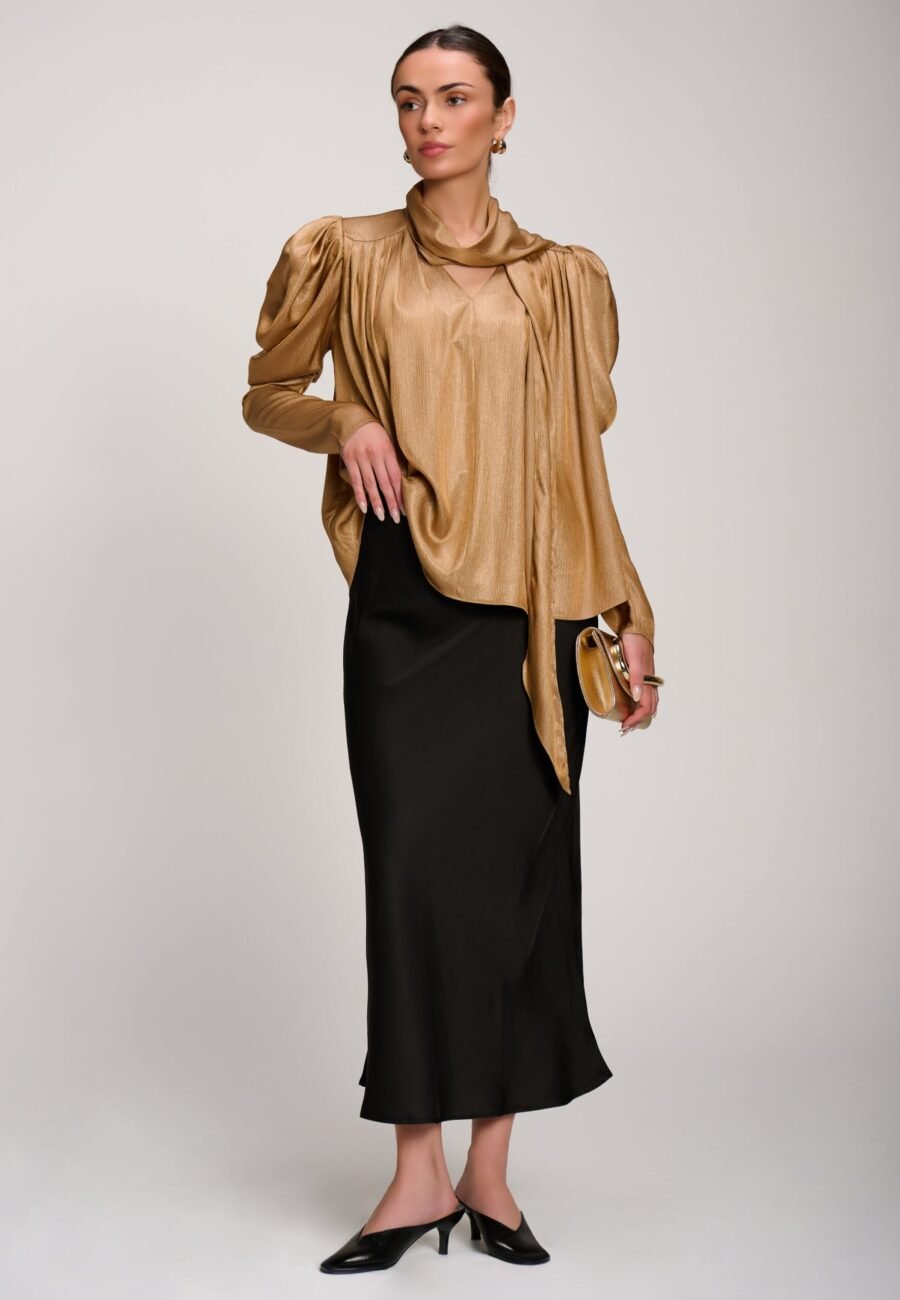 Bow Neck Puff Sleeve Satin Blouse, Golden Mocha