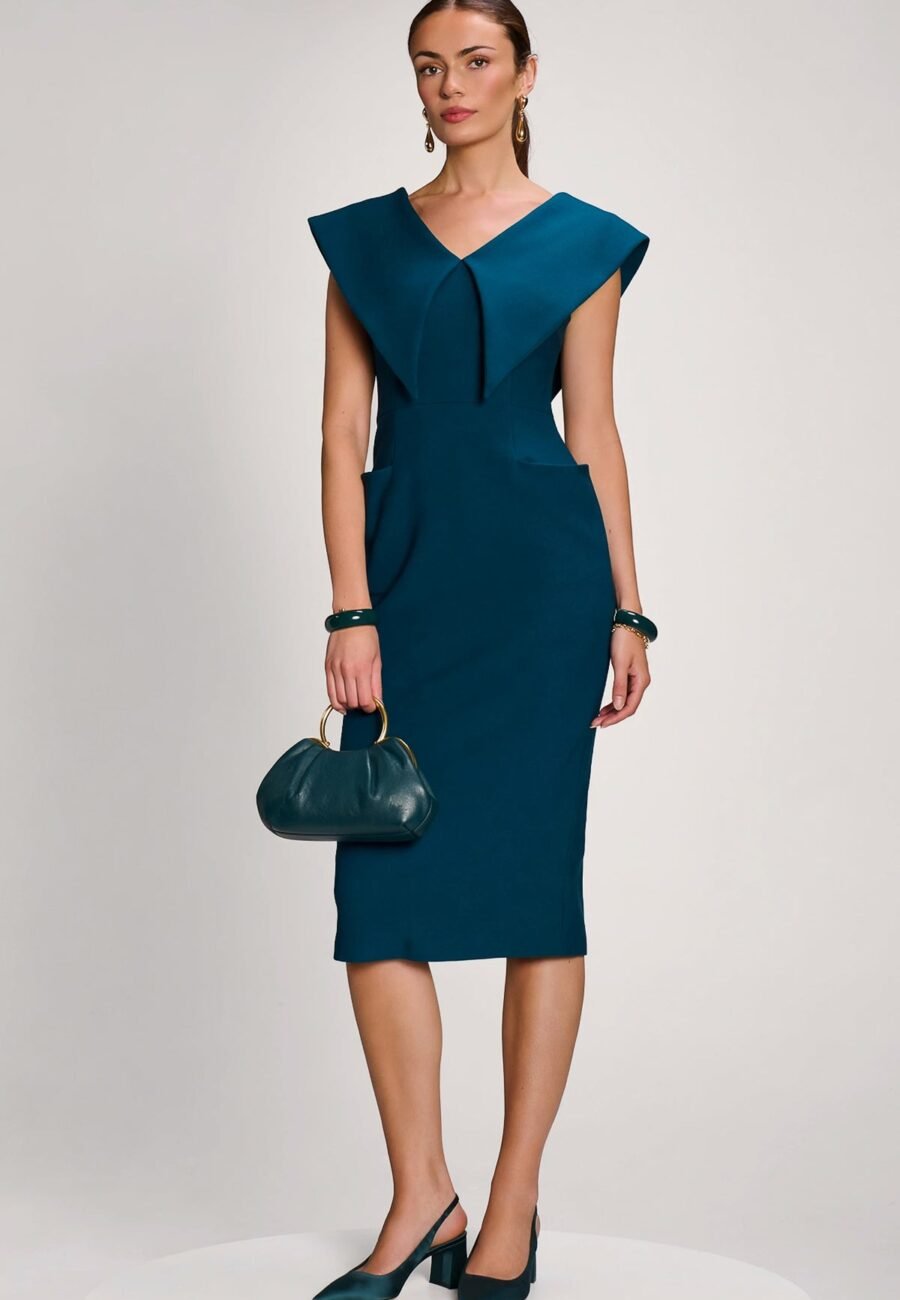 Statement Collar Hourglass Midi Dress, Dark Teal