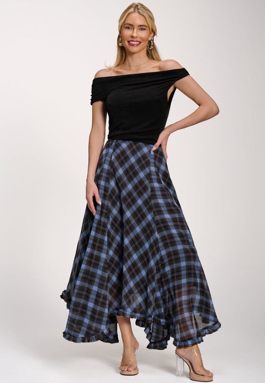 Checked Chiffon Hanky Hem Maxi Skirt, Blue Check