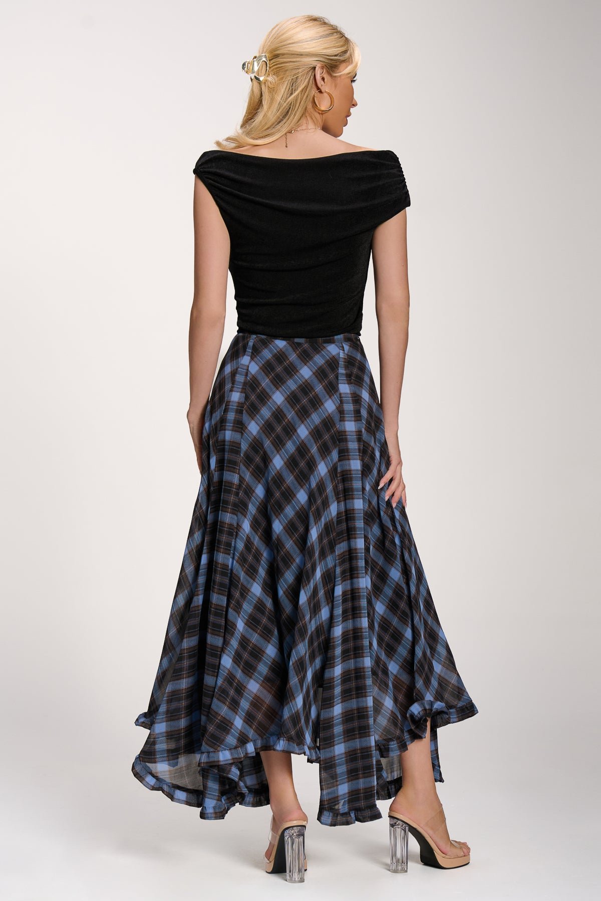 Checked Chiffon Hanky Hem Maxi Skirt, Blue Check - Image 2