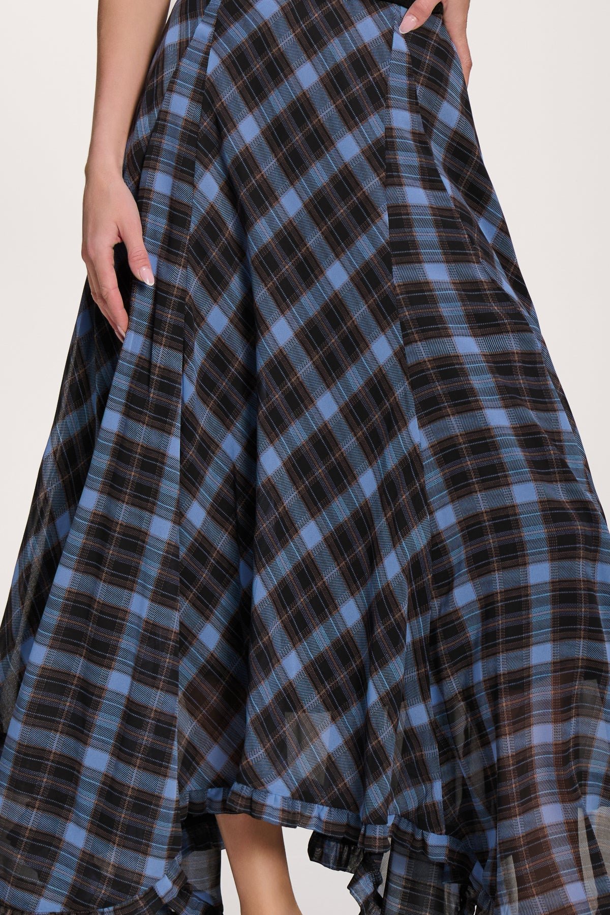 Checked Chiffon Hanky Hem Maxi Skirt, Blue Check - Image 3