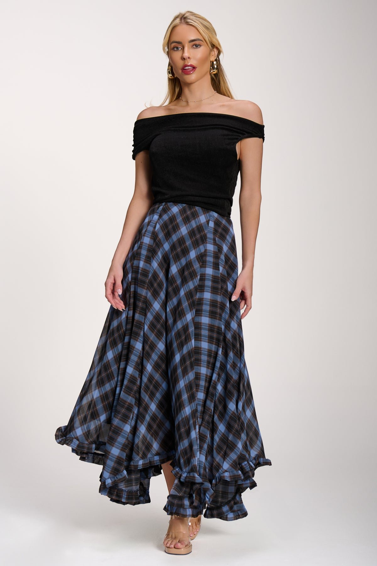 Checked Chiffon Hanky Hem Maxi Skirt, Blue Check - Image 4