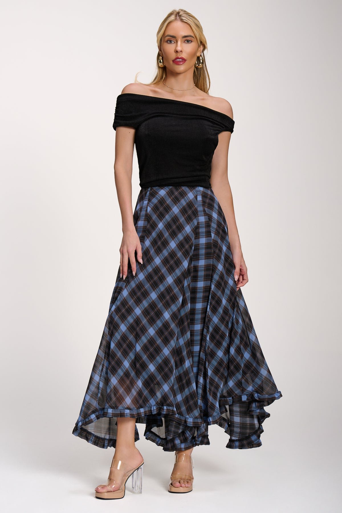 Checked Chiffon Hanky Hem Maxi Skirt, Blue Check - Image 5