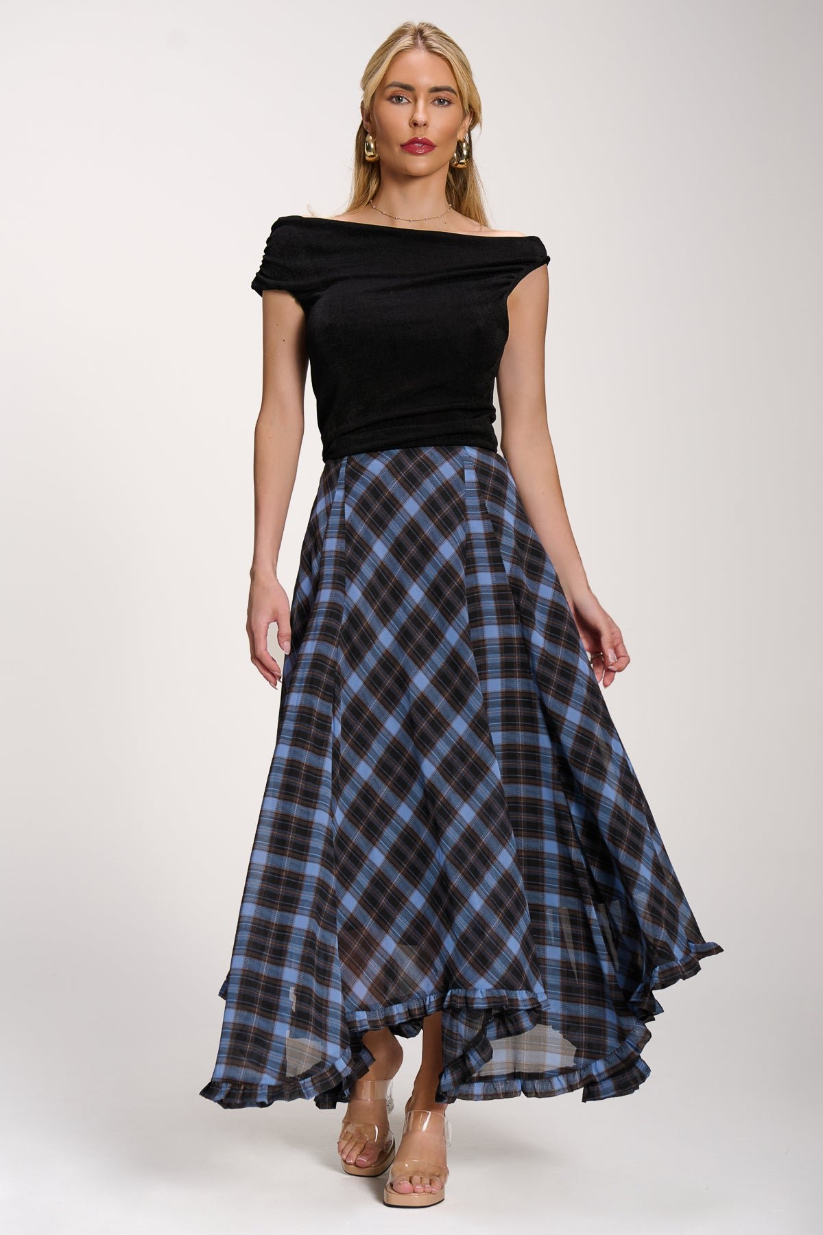 Checked Chiffon Hanky Hem Maxi Skirt, Blue Check - Image 6