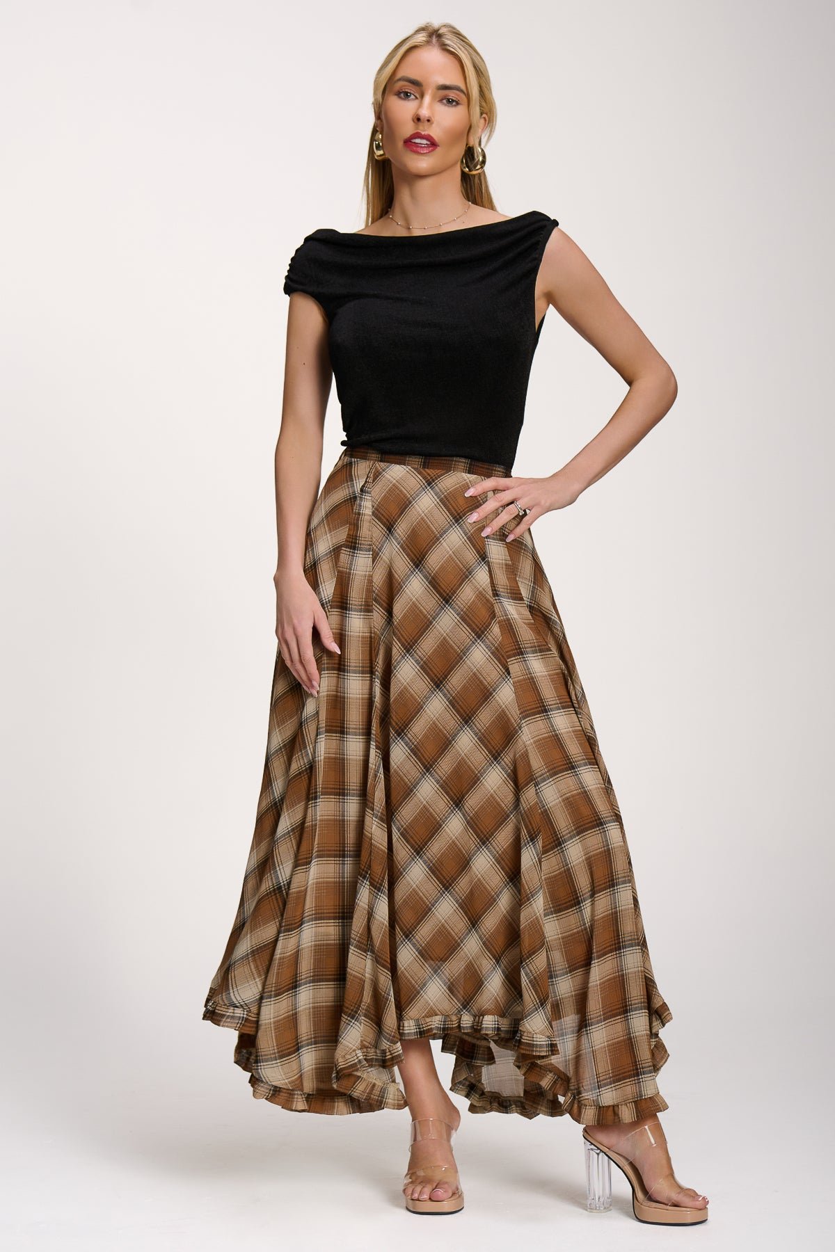 Checked Chiffon Hanky Hem Maxi Skirt, Brown Check