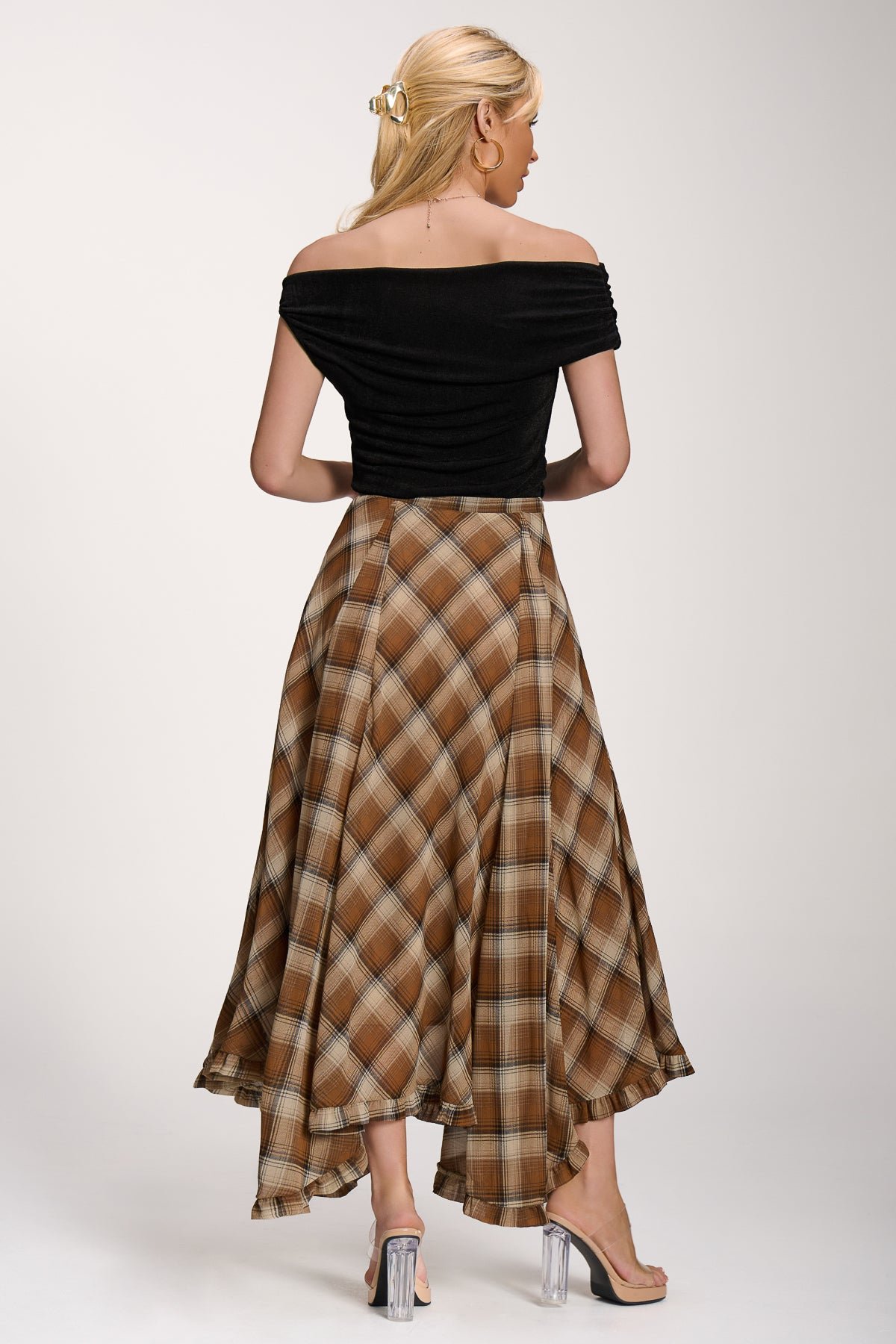 Checked Chiffon Hanky Hem Maxi Skirt, Brown Check - Image 2