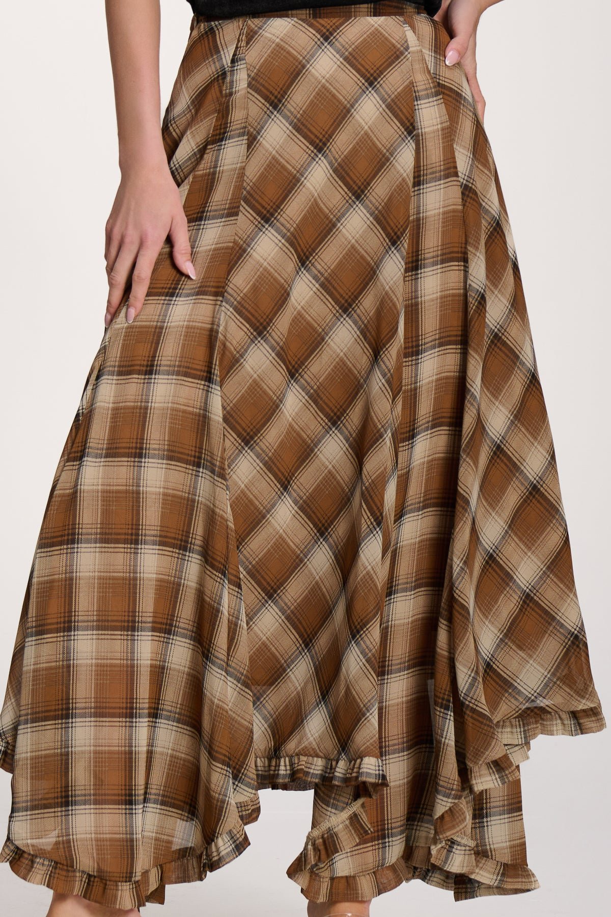 Checked Chiffon Hanky Hem Maxi Skirt, Brown Check - Image 3