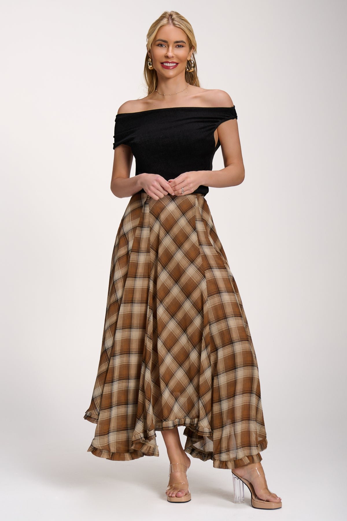 Checked Chiffon Hanky Hem Maxi Skirt, Brown Check - Image 4