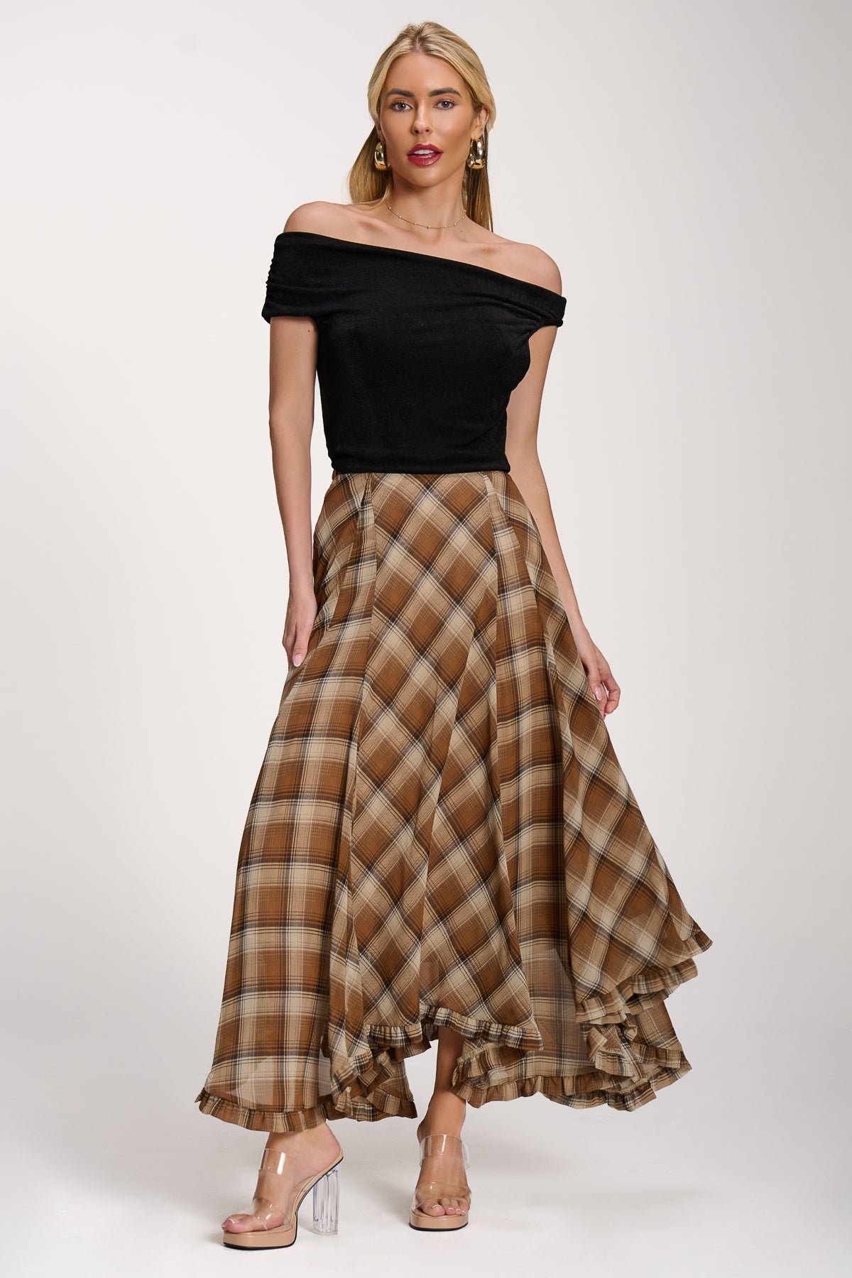 Checked Chiffon Hanky Hem Maxi Skirt, Brown Check - Image 5
