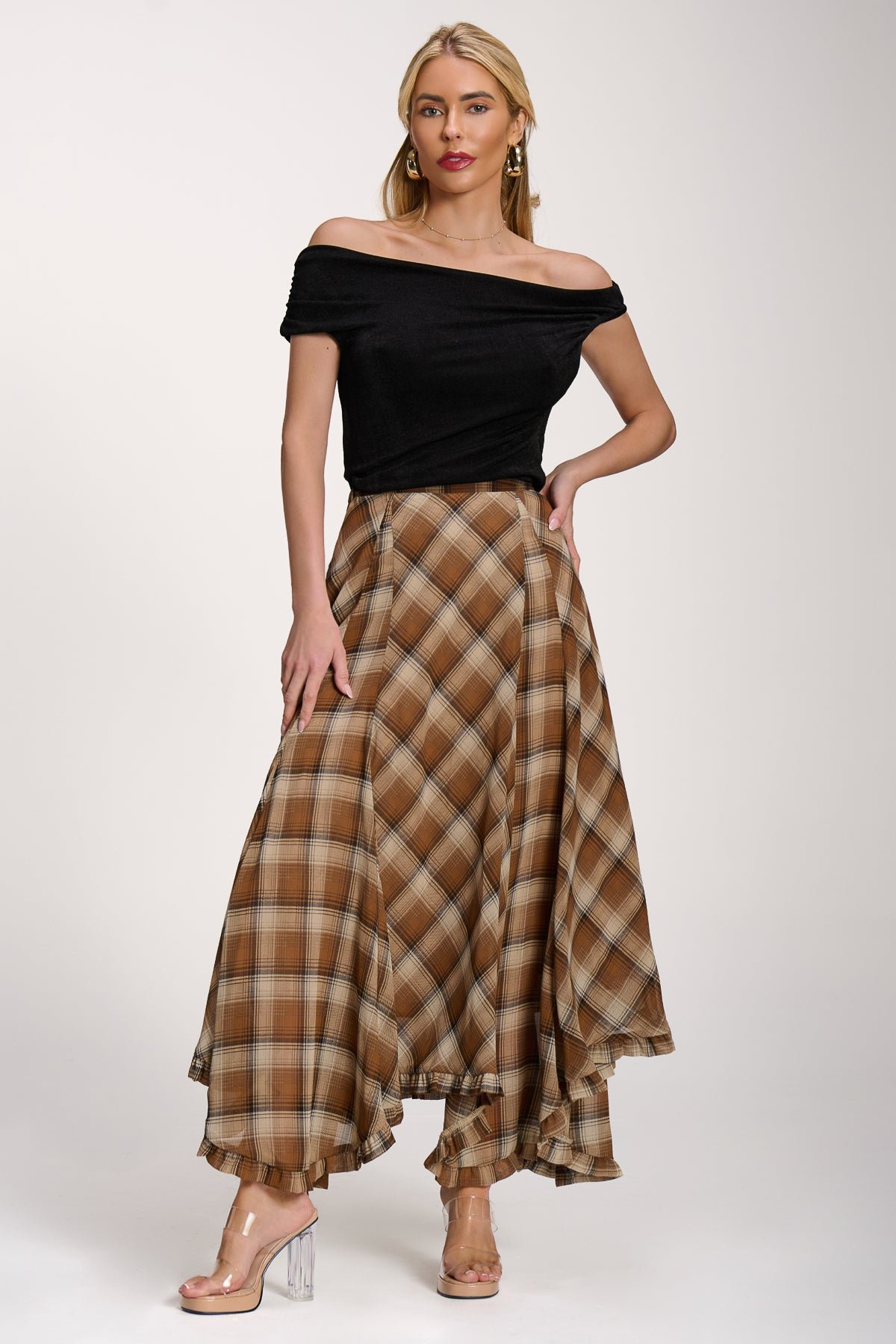 Checked Chiffon Hanky Hem Maxi Skirt, Brown Check - Image 6