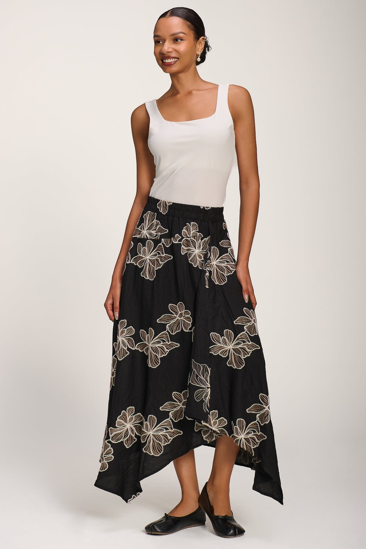 Asymmetric Embroidered?Midi Skirt, Black