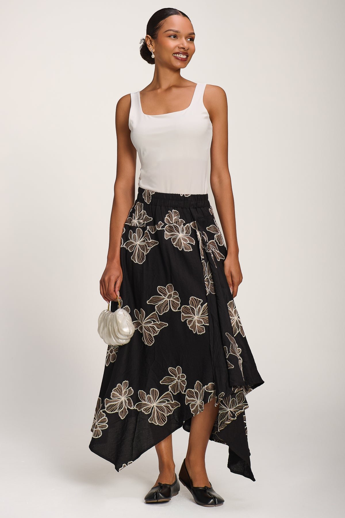 Asymmetric Embroidered?Midi Skirt, Black - Image 7