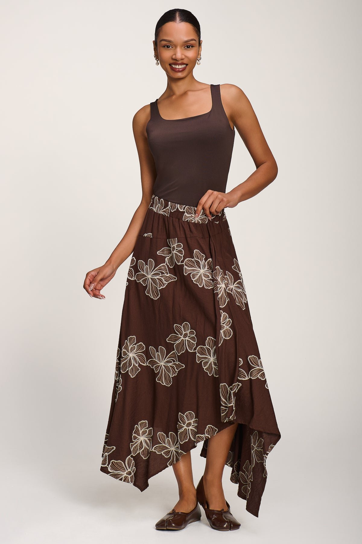 Asymmetric Embroidered?Midi Skirt, Cocoa Brown