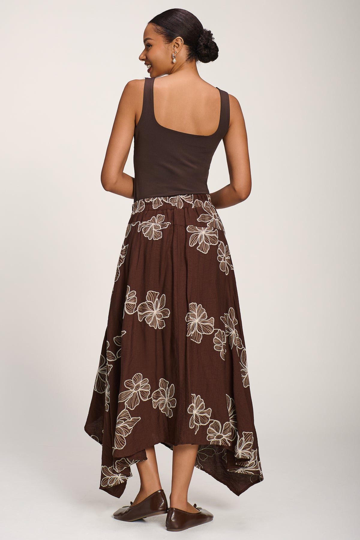 Asymmetric Embroidered?Midi Skirt, Cocoa Brown - Image 2