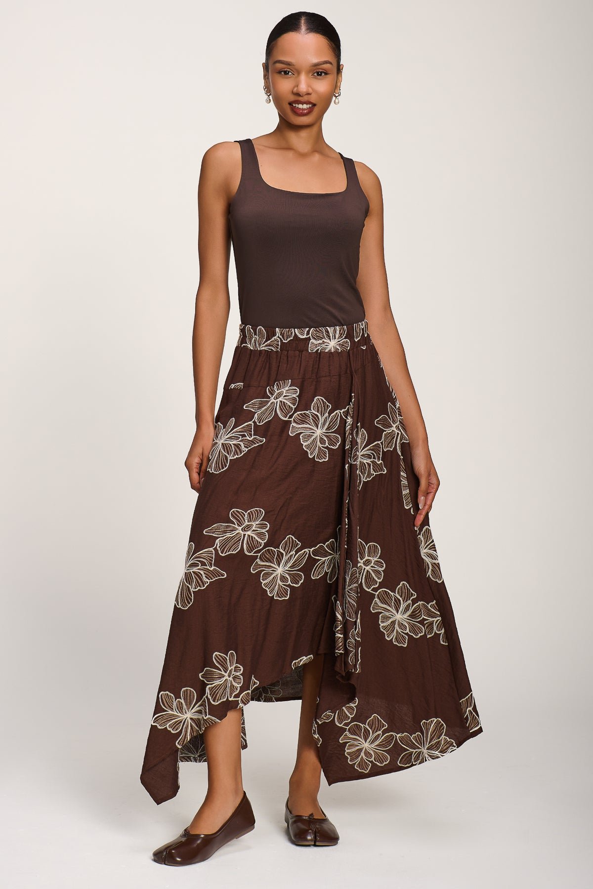 Asymmetric Embroidered?Midi Skirt, Cocoa Brown - Image 5