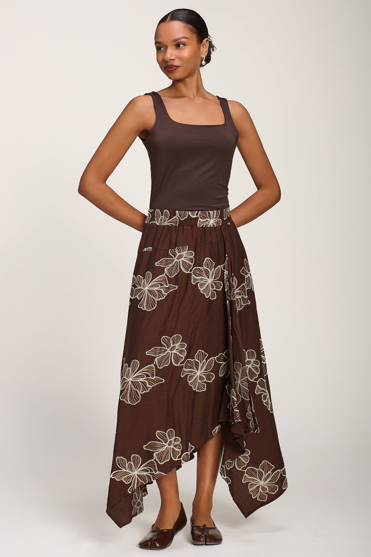 Asymmetric Embroidered?Midi Skirt, Cocoa Brown - Image 6