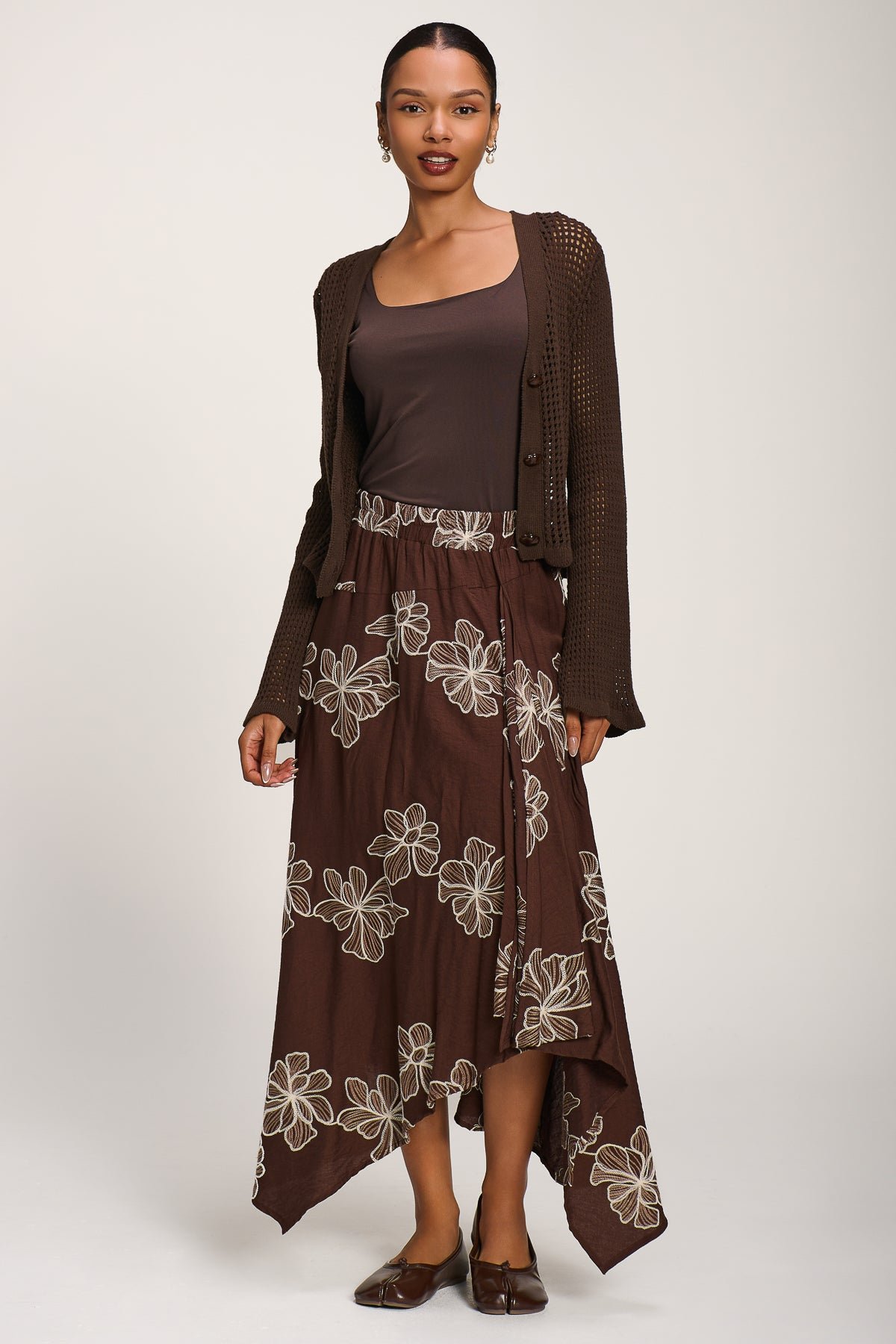 Asymmetric Embroidered?Midi Skirt, Cocoa Brown - Image 7