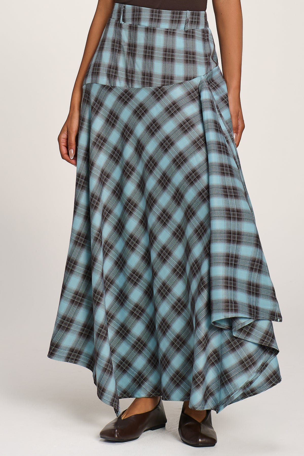 Asymmetric Check Maxi Skirt, Blue Check - Image 2
