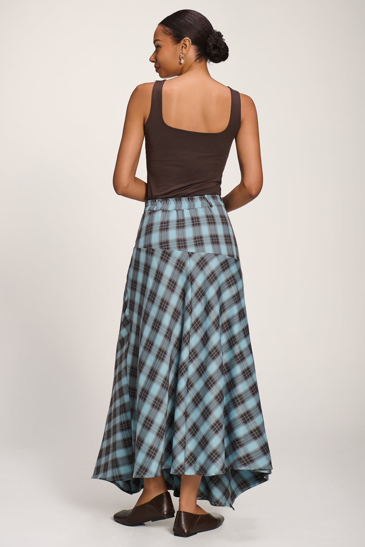 Asymmetric Check Maxi Skirt, Blue Check - Image 3