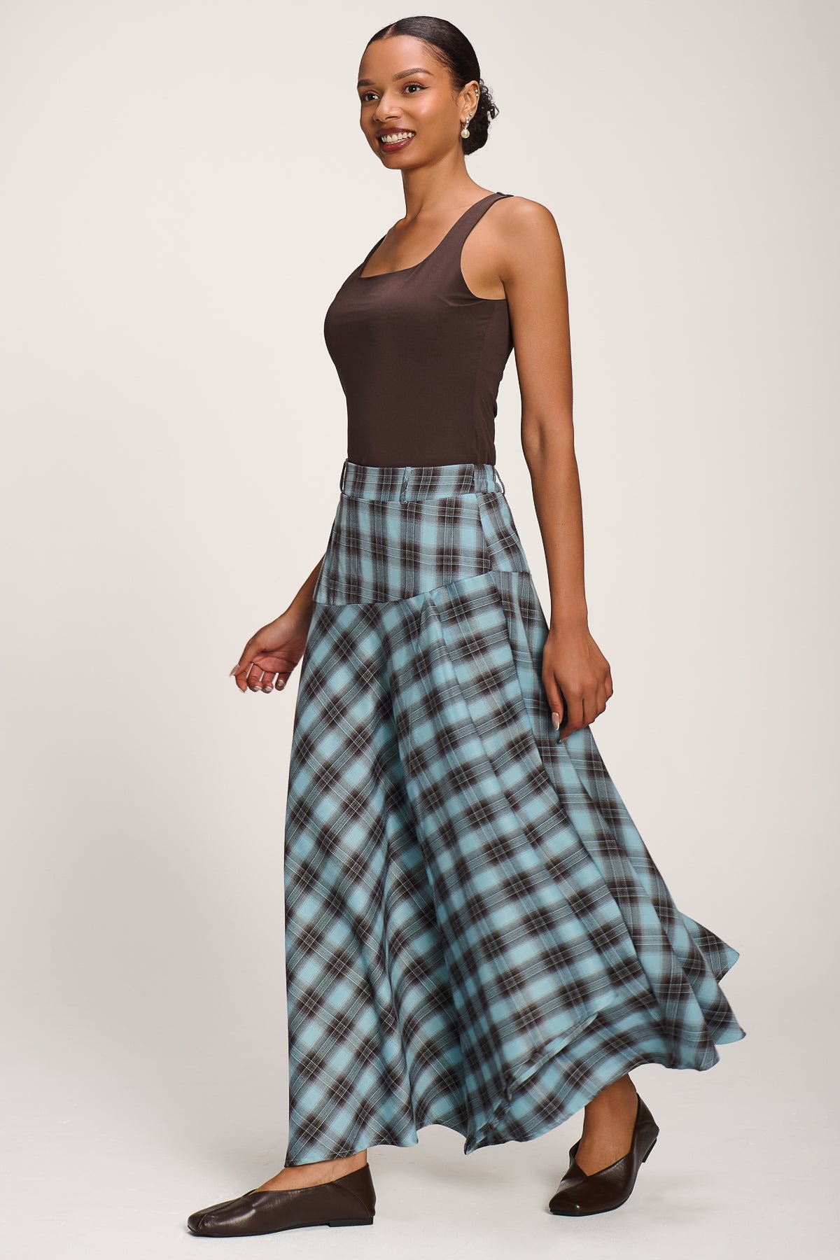 Asymmetric Check Maxi Skirt, Blue Check - Image 4