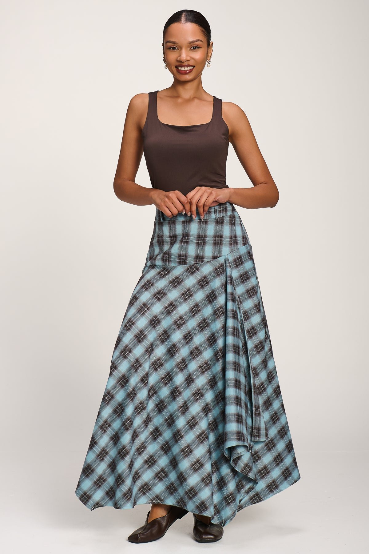 Asymmetric Check Maxi Skirt, Blue Check - Image 5