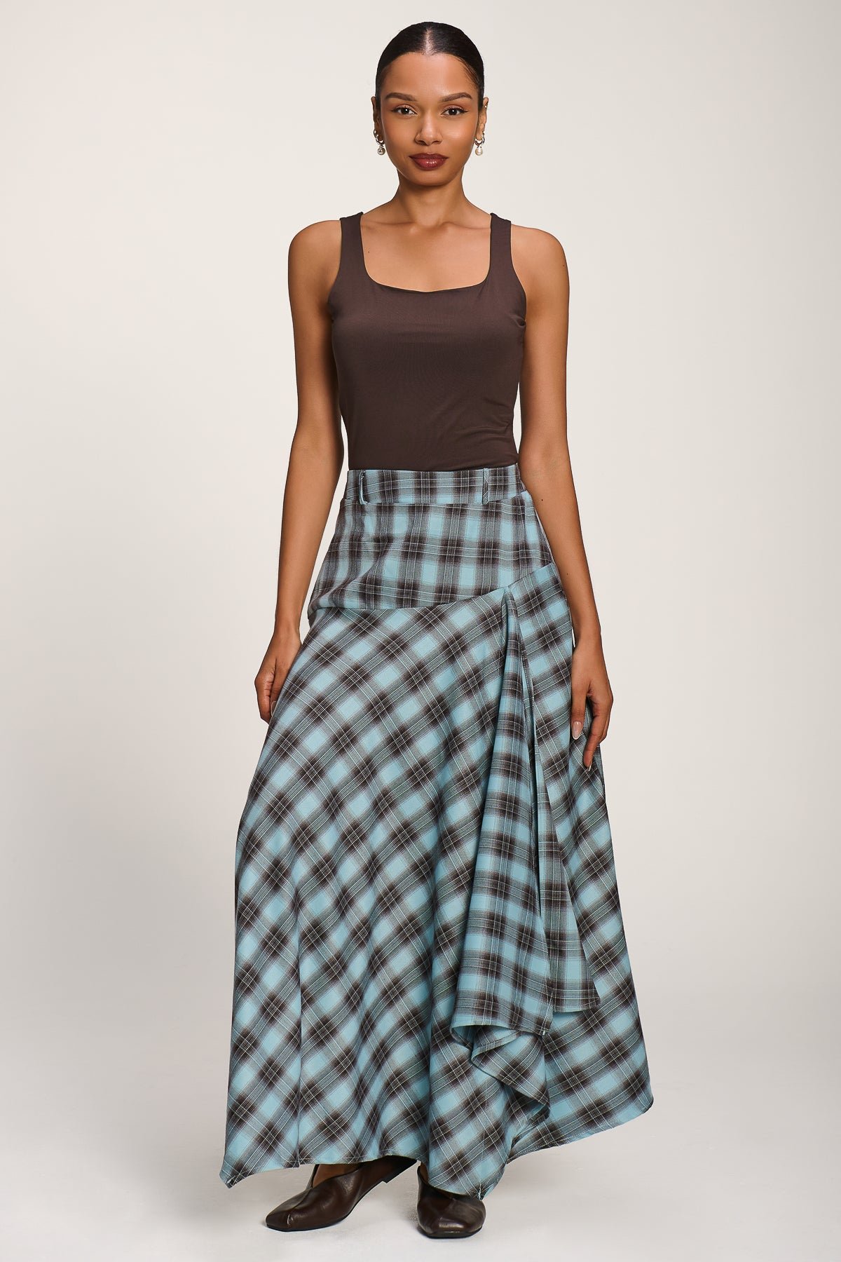 Asymmetric Check Maxi Skirt, Blue Check - Image 6