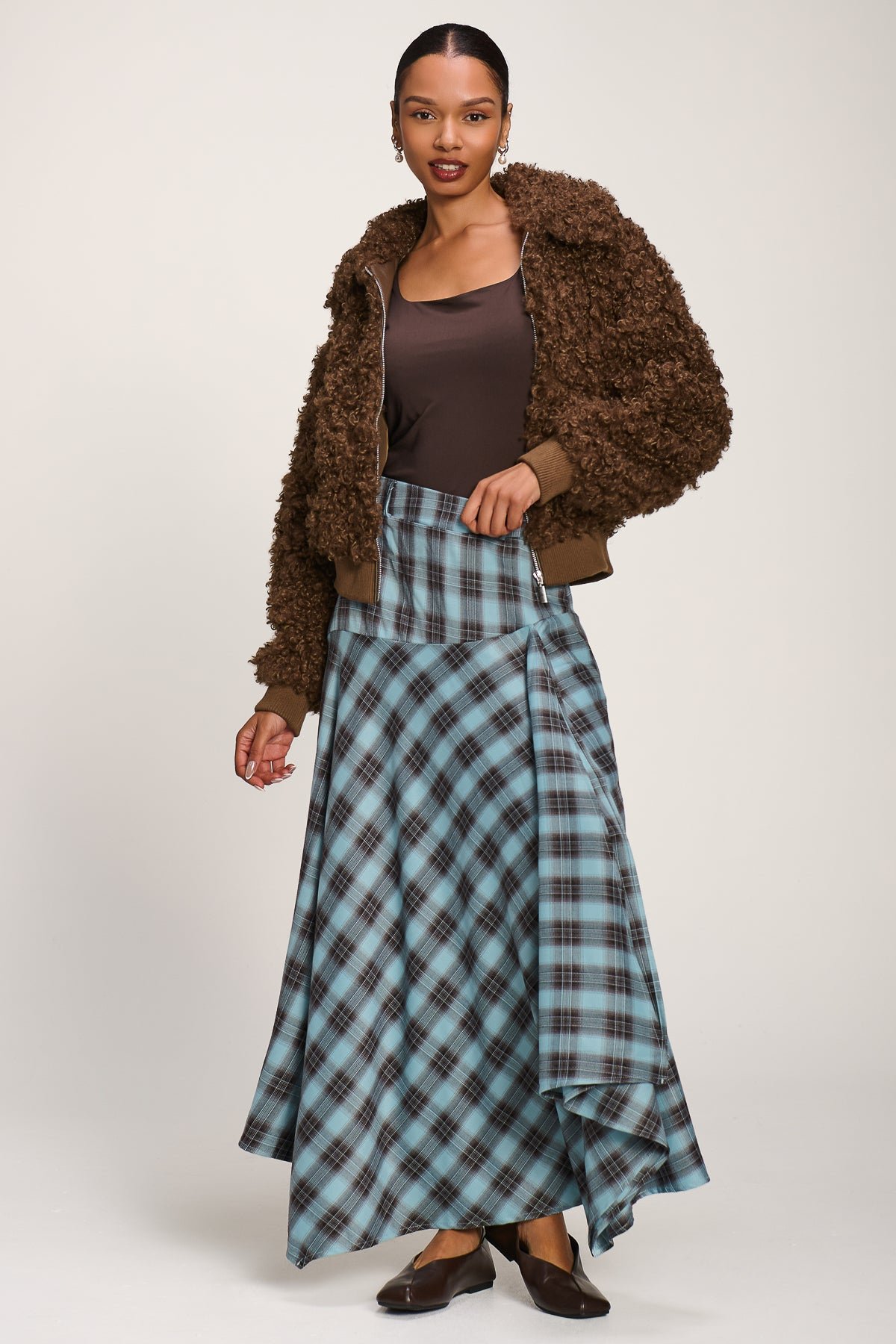 Asymmetric Check Maxi Skirt, Blue Check - Image 7