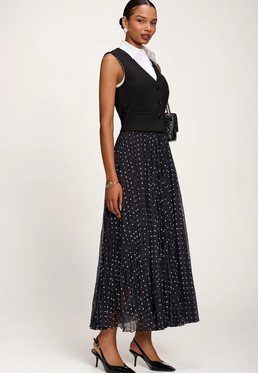 Spotty?Crinkle Mesh Maxi Skirt, Black Spot