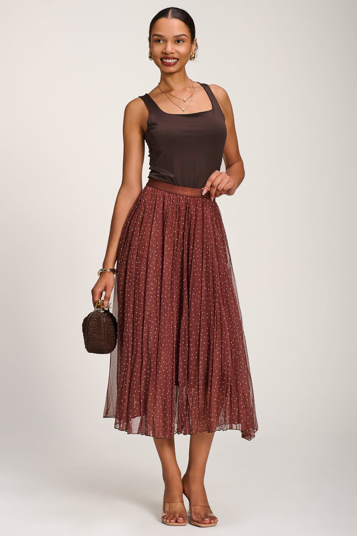 Print Crinkle Mesh Midi Skirt, Caramel Spot - Image 4