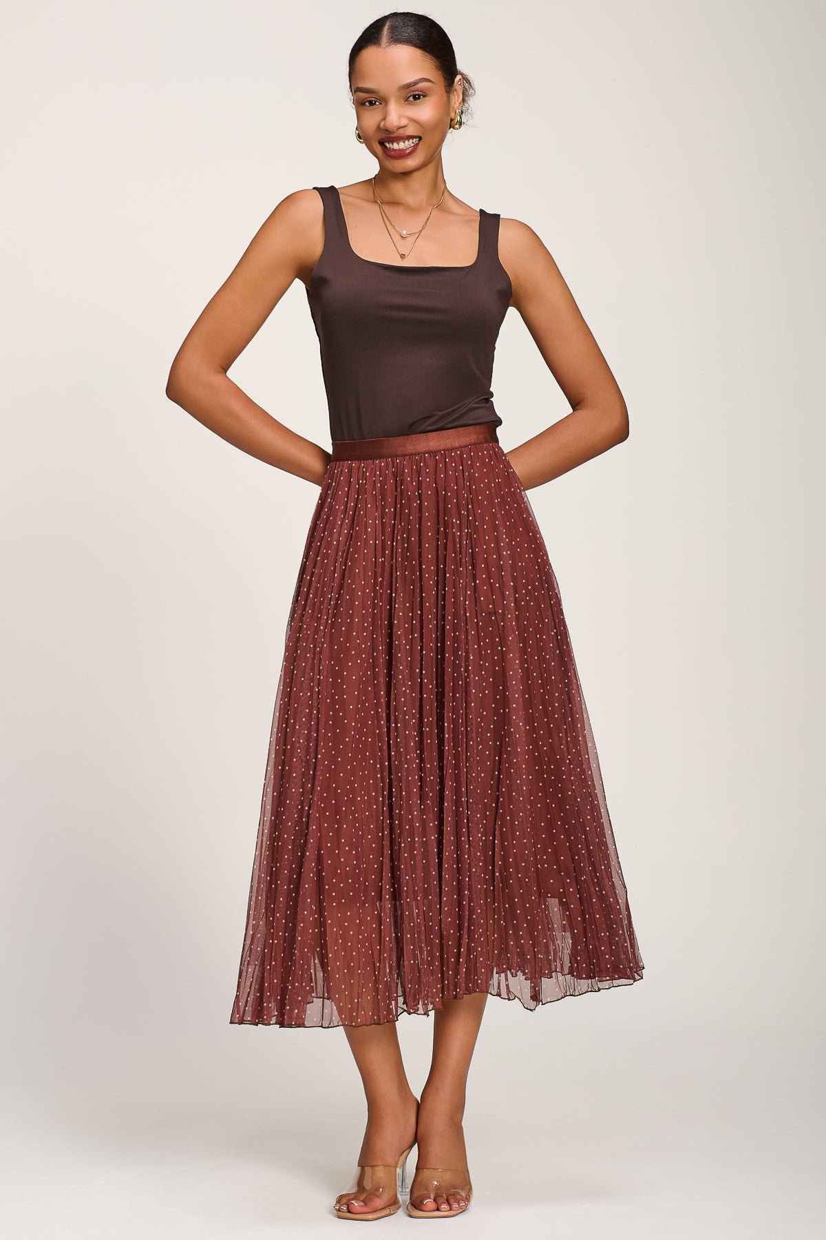 Print Crinkle Mesh Midi Skirt, Caramel Spot - Image 6
