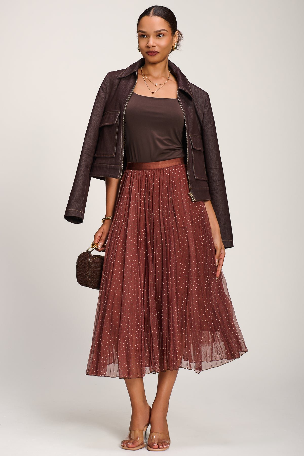 Print Crinkle Mesh Midi Skirt, Caramel Spot - Image 7