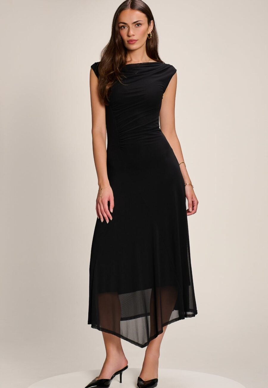 Asymmetric Draped Mesh Maxi Dress, Black