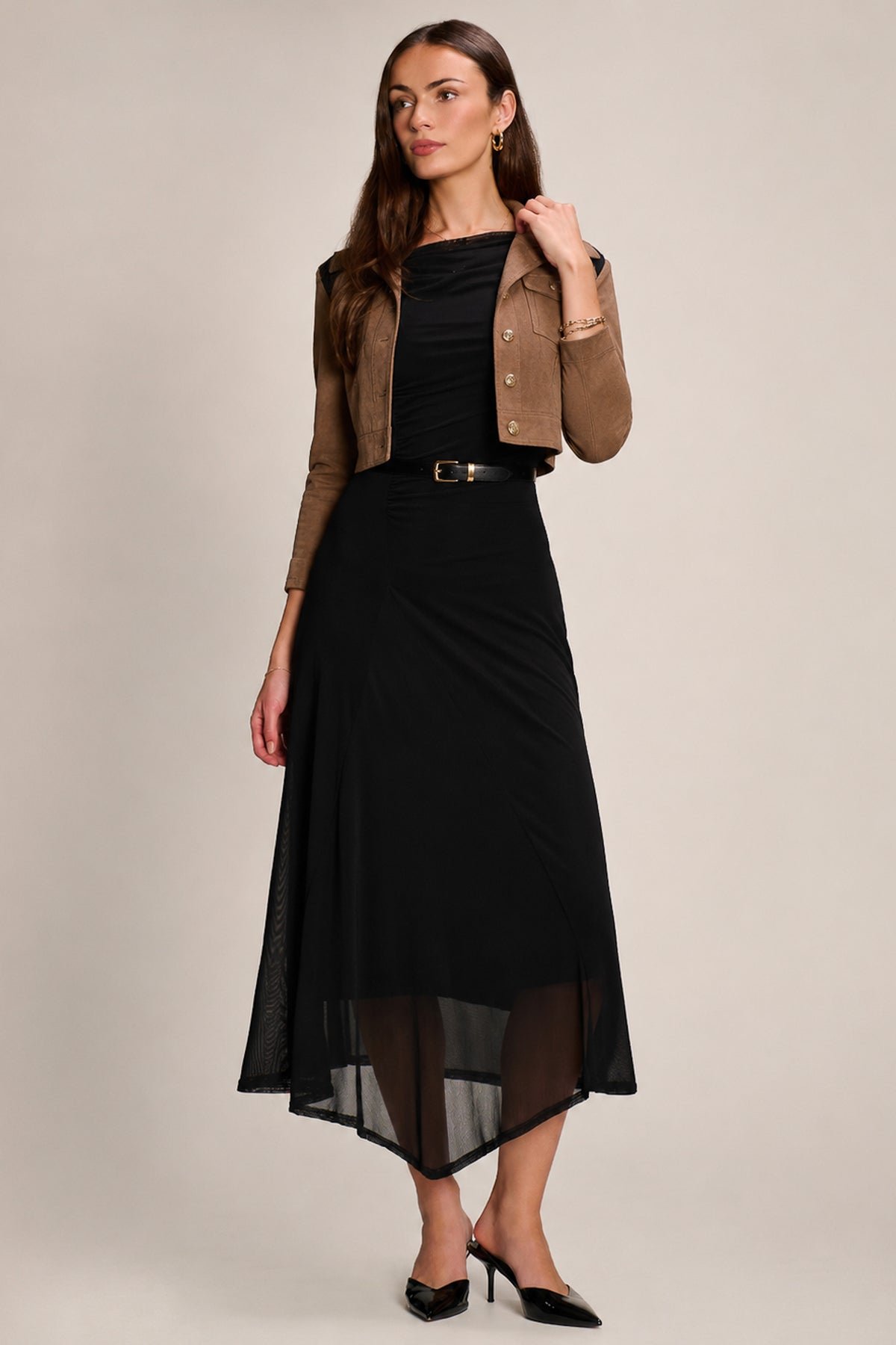 Asymmetric Draped Mesh Maxi Dress, Black - Image 5