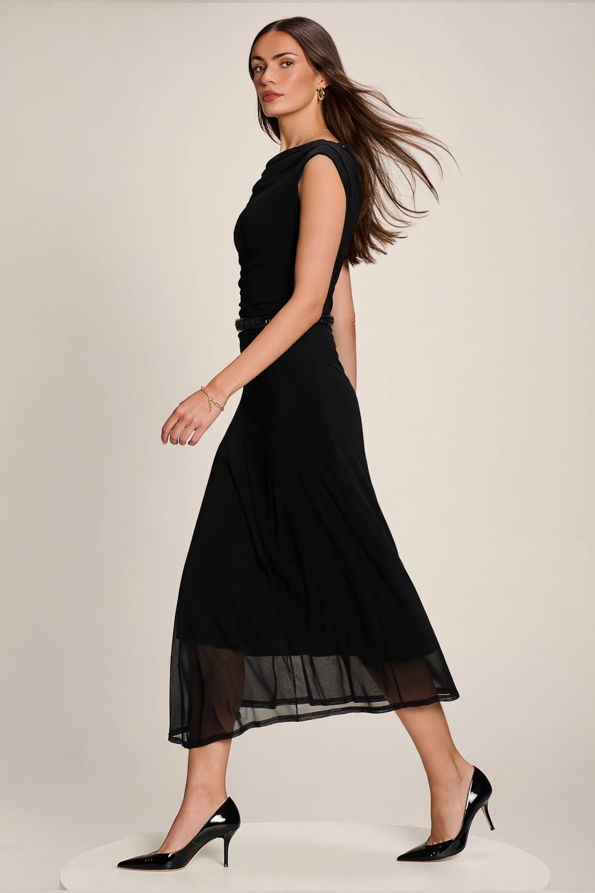 Asymmetric Draped Mesh Maxi Dress, Black - Image 6