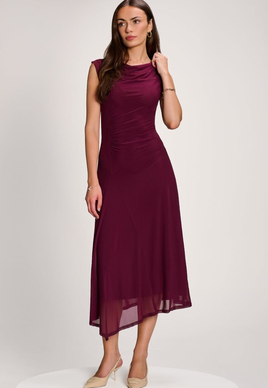 Asymmetric Draped Mesh Maxi Dress, Dark Purple