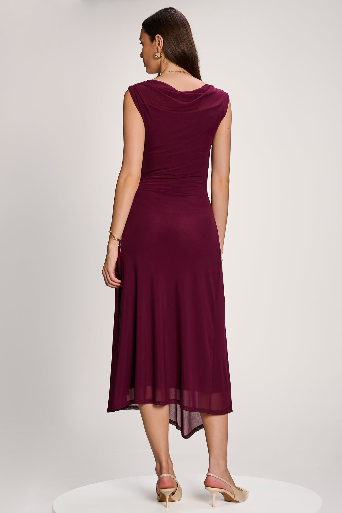 Asymmetric Draped Mesh Maxi Dress, Dark Purple - Image 2