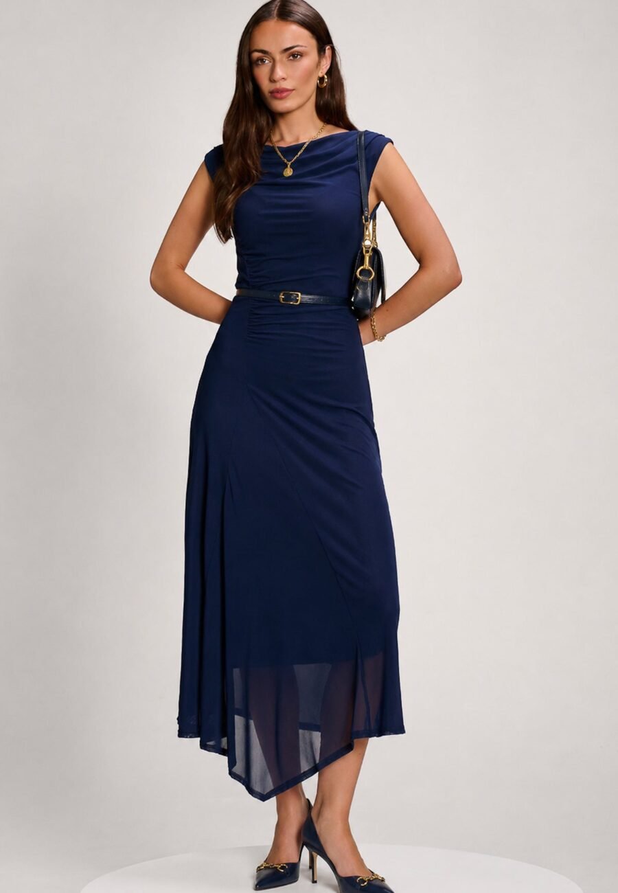 Asymmetric Draped Mesh Maxi Dress, Navy