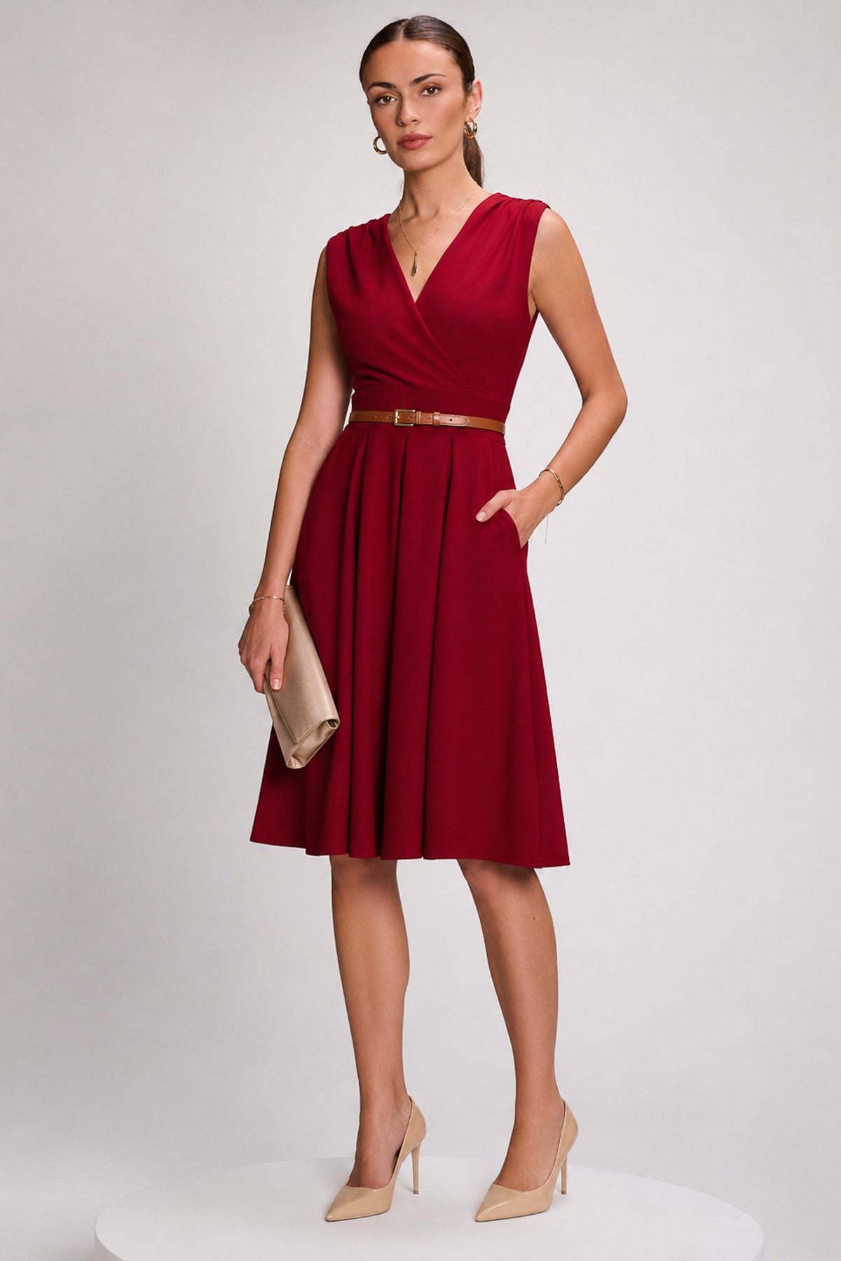 Plain Sleeveless Midi Dress, Dark Red - Image 5