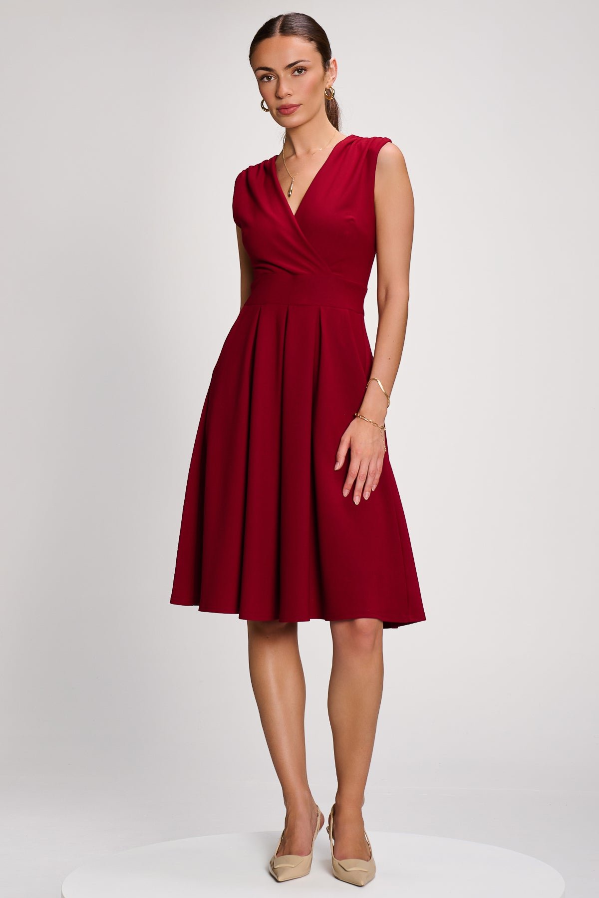 Plain Sleeveless Midi Dress, Dark Red - Image 6