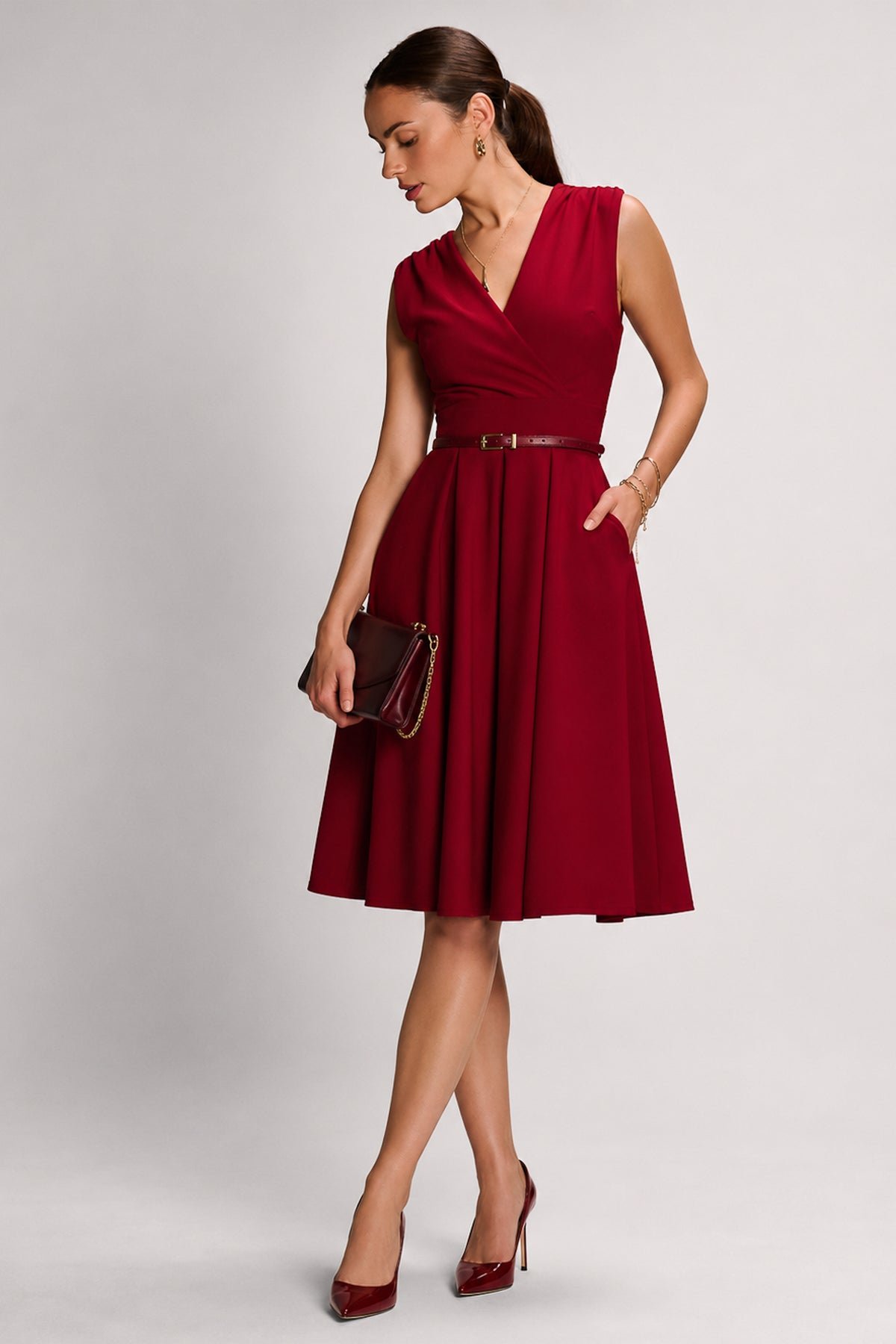 Plain Sleeveless Midi Dress, Dark Red - Image 7