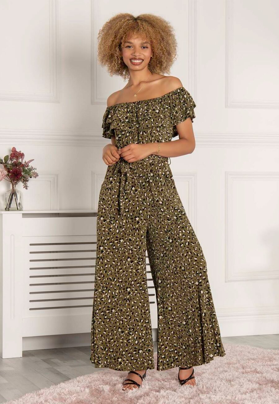 Animal Print Ruffle Jumpsuit, Green Animal