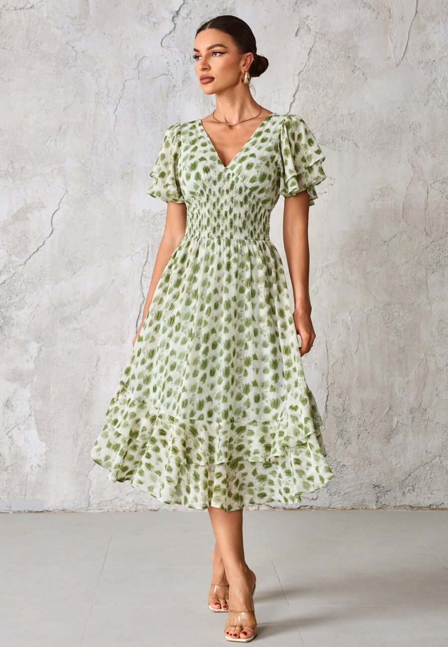 Frill Hem Chiffon Midi Dress, Green Animal