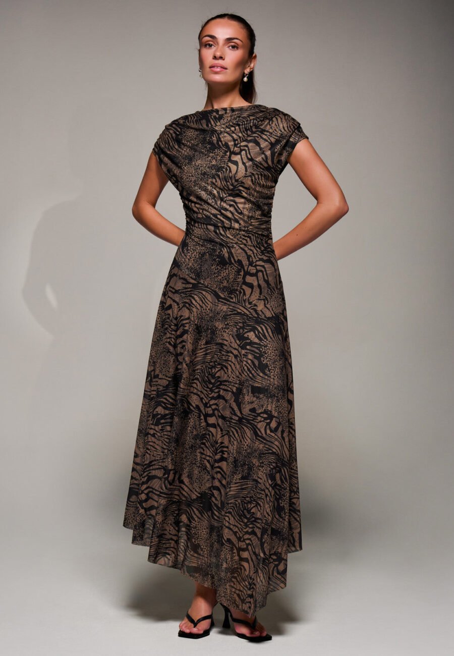 Asymmetrical Draped Slash Neck Midaxi Dress, Brown Animal