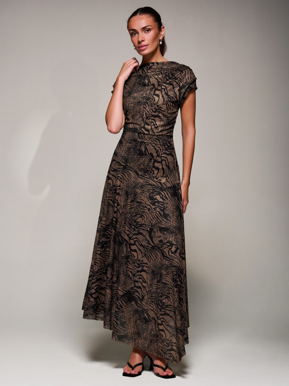 Asymmetrical Draped Slash Neck Midaxi Dress, Brown Animal - Image 4