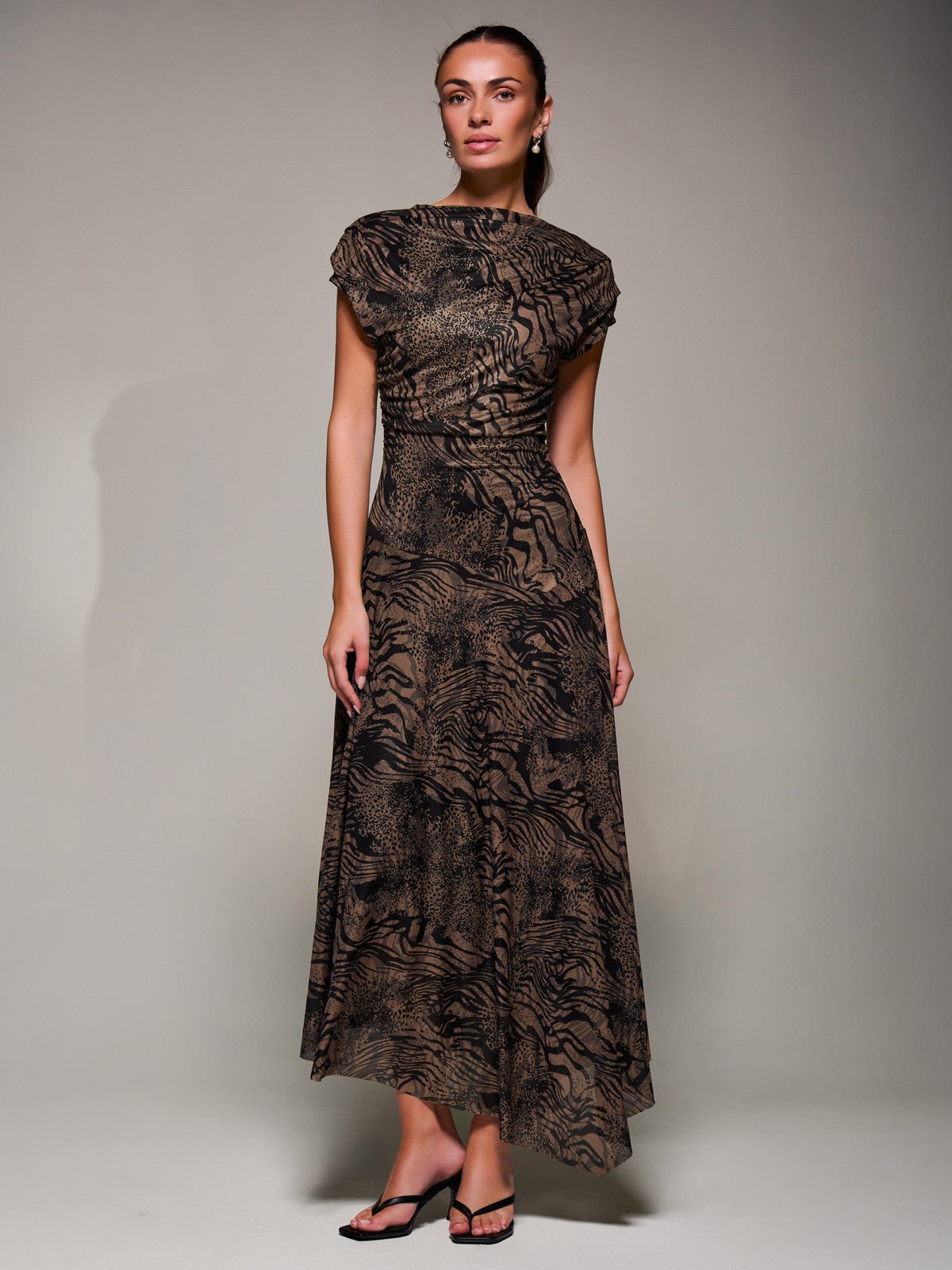 Asymmetrical Draped Slash Neck Midaxi Dress, Brown Animal - Image 5