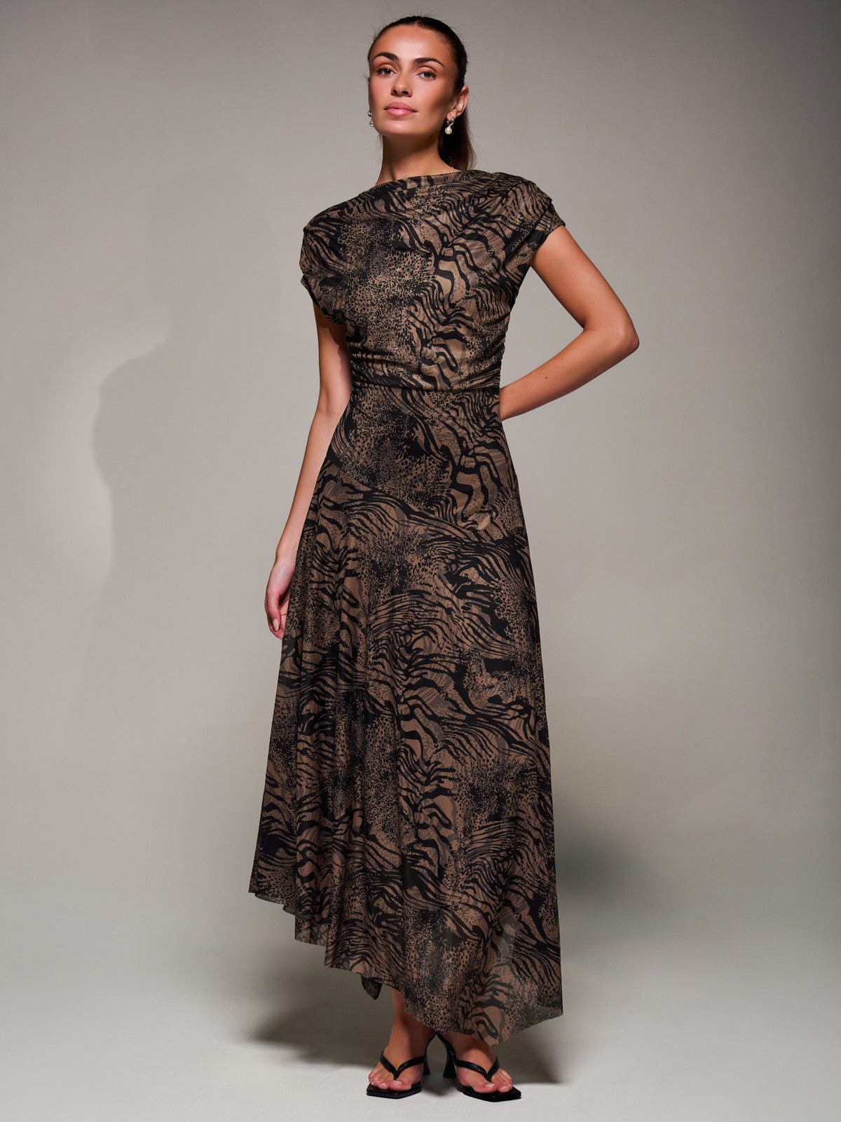 Asymmetrical Draped Slash Neck Midaxi Dress, Brown Animal - Image 6